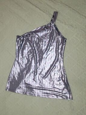 Women's One-Shoulder Shimmery Tank Top - Silver
